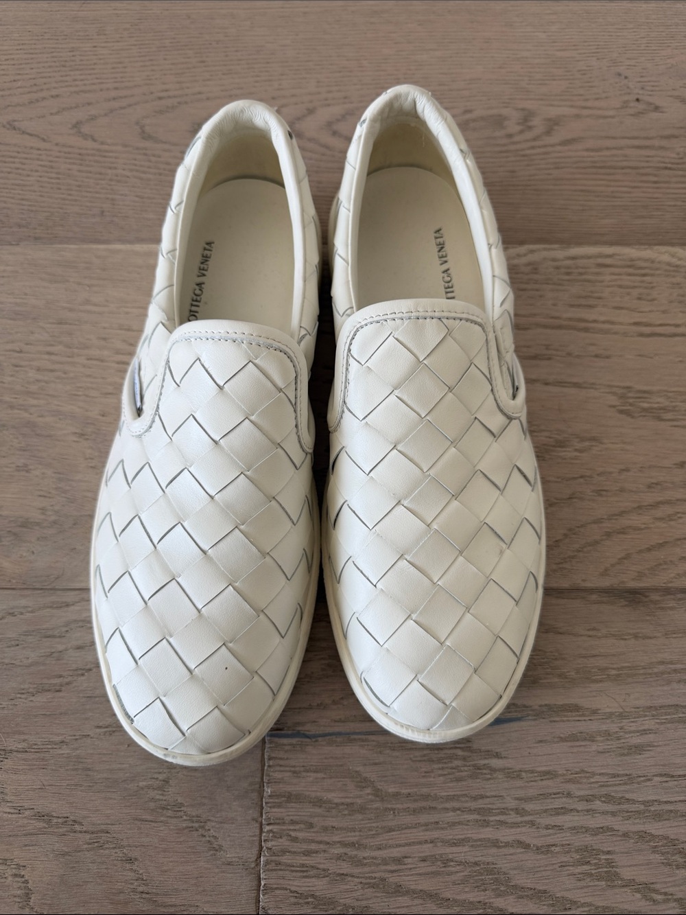Bottega Veneta White Woven Leather Slip-On Sneakers